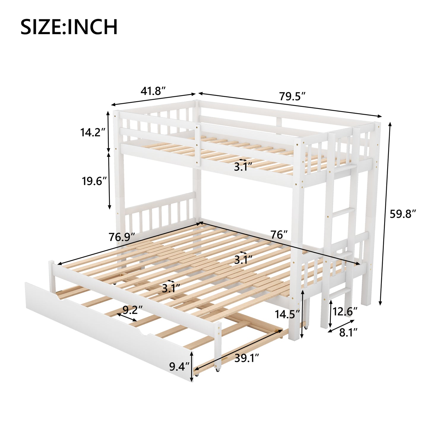 White Pull-out Bunk Bed with Trundle for Twin Over - Versatile Space-Saving Sleeping Solution