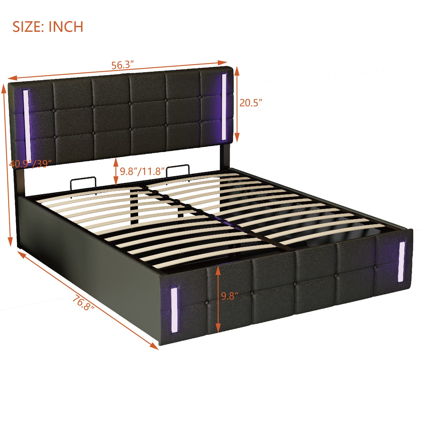 Full Size Upholstered Bed with LED Lights,Hydraulic Storage System and USB Charging Station,Black