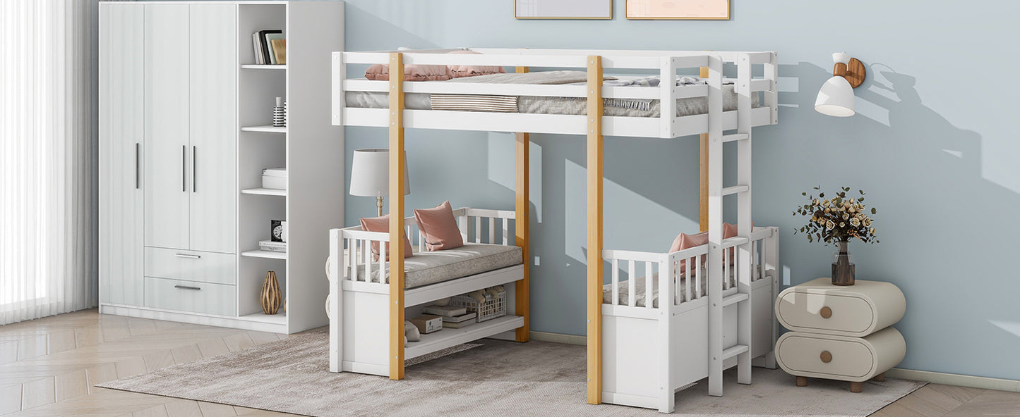 Wood Twin Size Loft Bed with 2 Seats and a Ladder, White