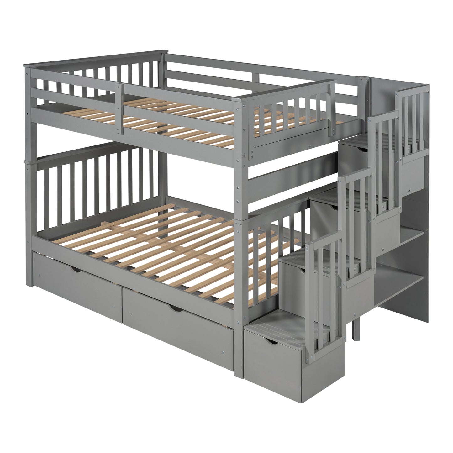 Gray Full Over Full Bunk Bed with Storage Drawers and Shelving