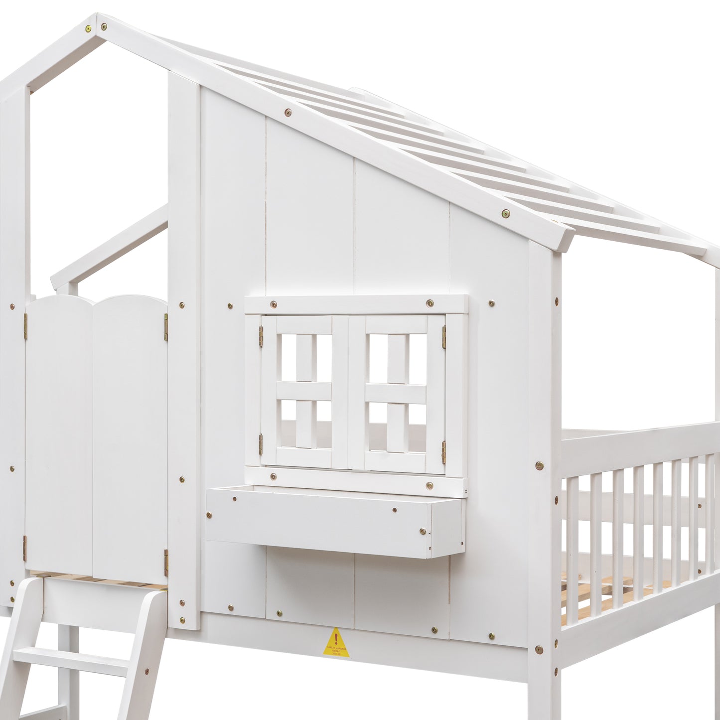 Cabin Inspired Kids' White Bunk Bed with Roof, Window, and Door