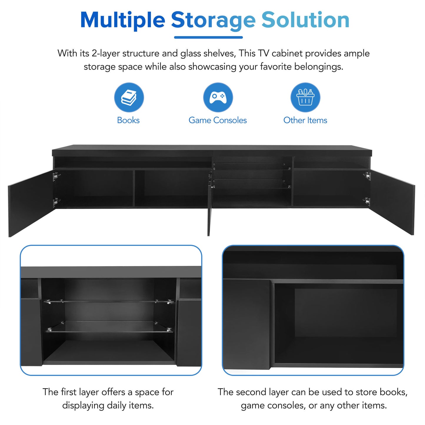 Contemporary Black LED TV Stand with Glass Shelves and Ample Storage Space