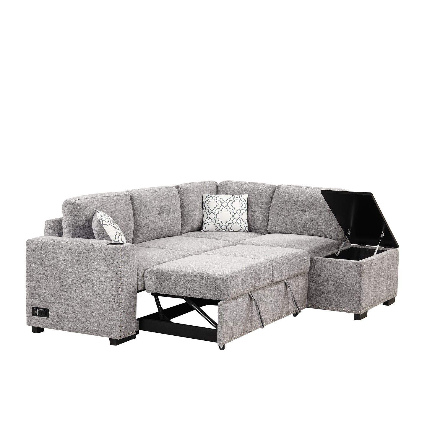 Convertible L-Shaped Sectional Sleeper Sofa with Storage Chaise and Charging Ports in Light Gray