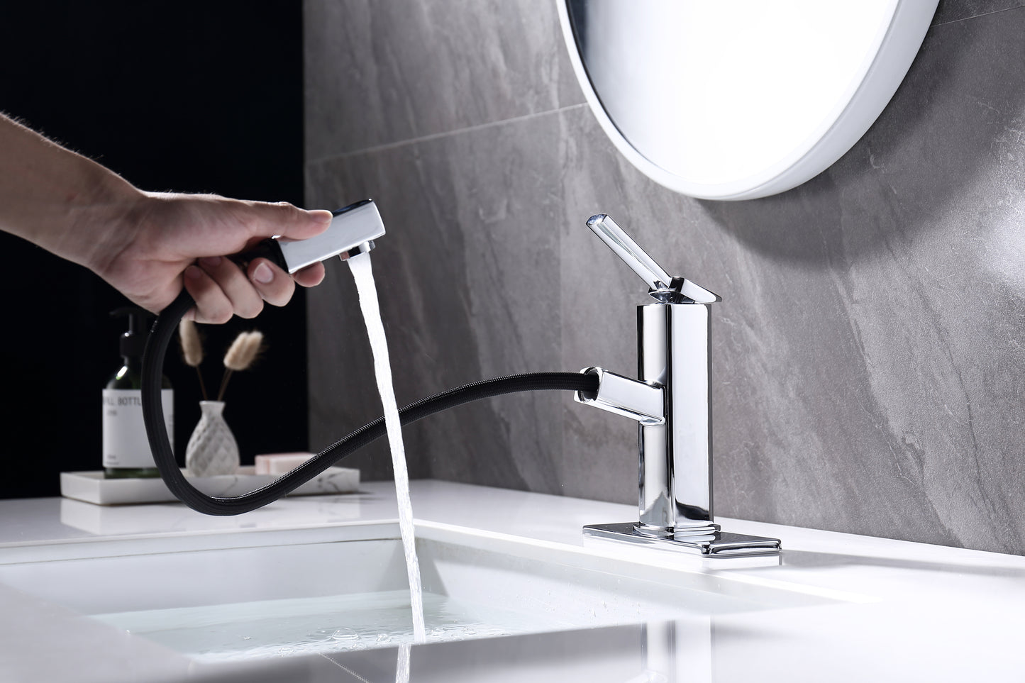 Sink Faucet with Pull Out Spout for Hot and Cold Water, Single Handle Basin Mixer Tap