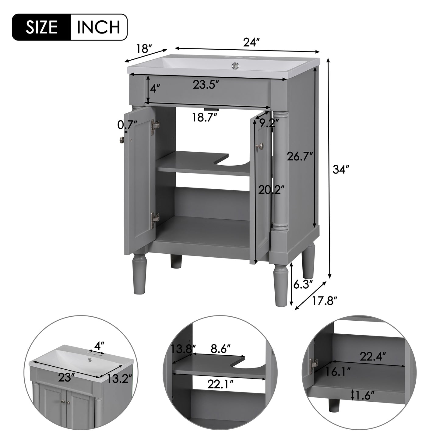 24'' Bathroom Vanity with Top Sink, 2-Tier Modern Bathroom Storage Cabinet, Single Sink Bathroom Vanity, Large Storage Shelves