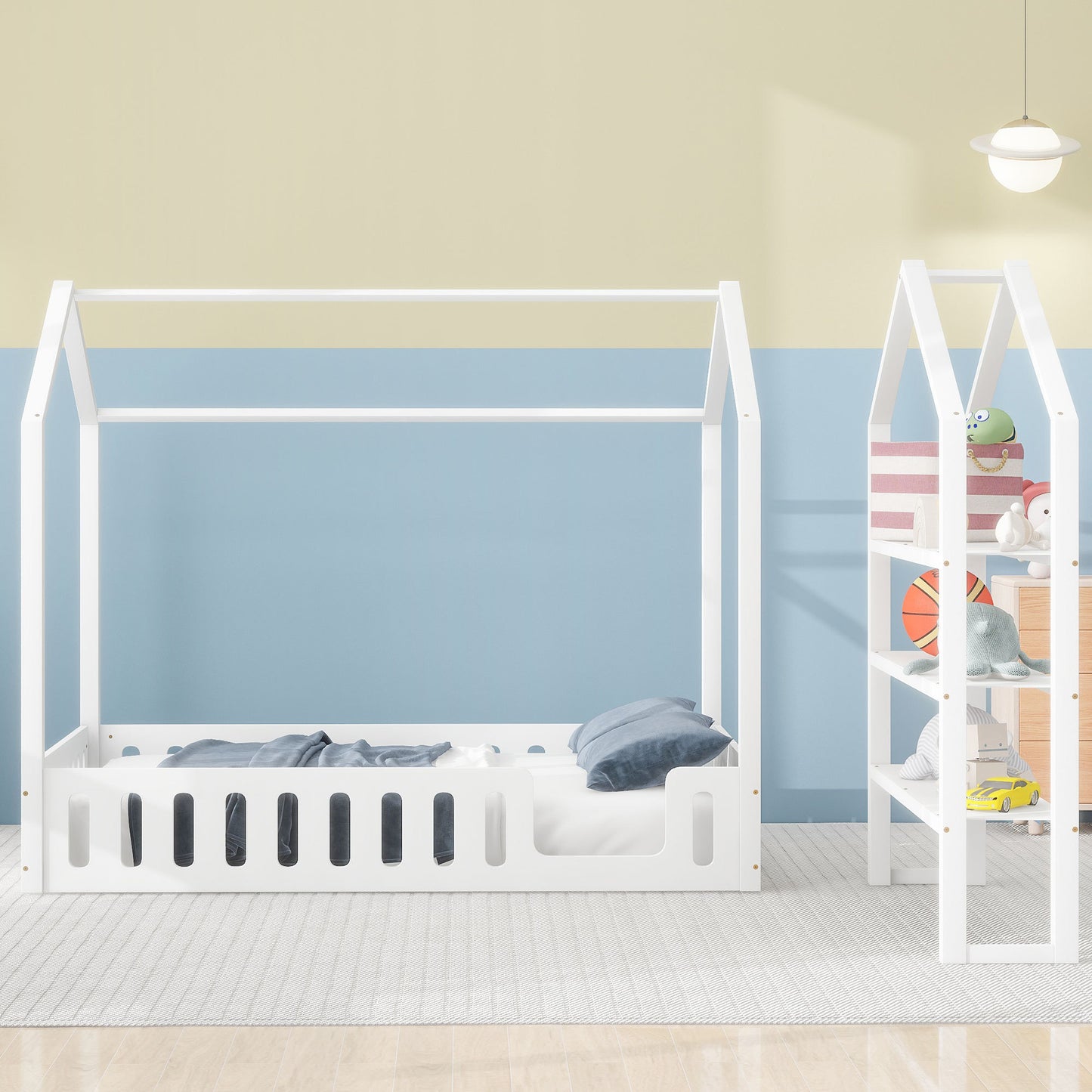 Full Size Wood House Bed with Fence and Detachable Storage Shelves, White(Expected Arrival Time: 1.7)