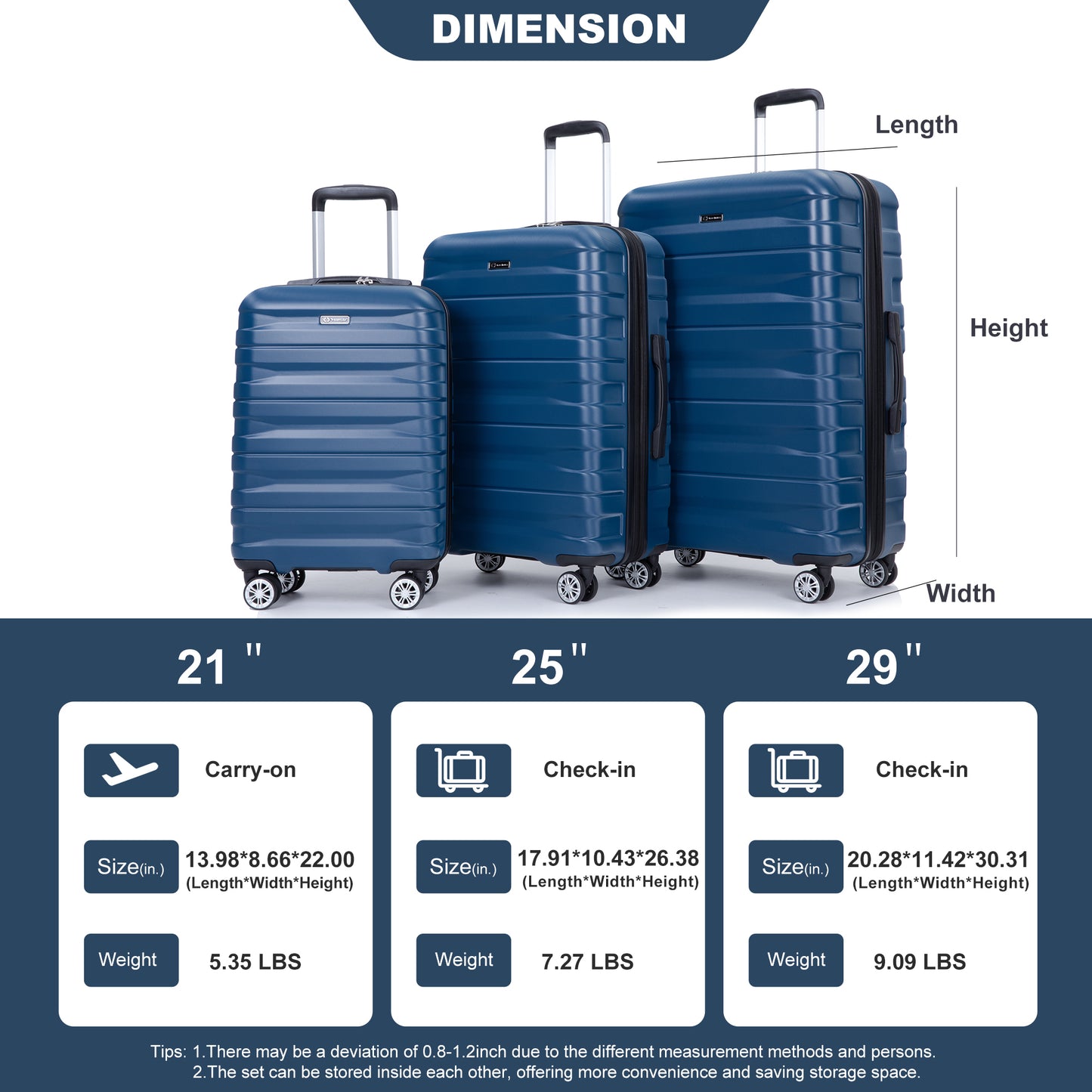 3 Piece Luggage Sets PC Lightweight & Durable Expandable Suitcase with Two Hooks, Double Spinner Wheels, TSA Lock, (21/25/29) Dark Blue