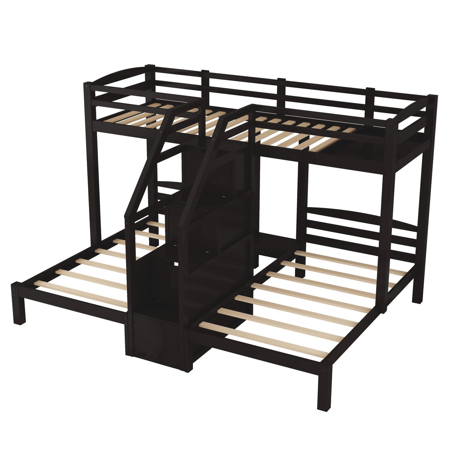 Espresso Triple Bunk Bed with Staircase and Storage Drawers