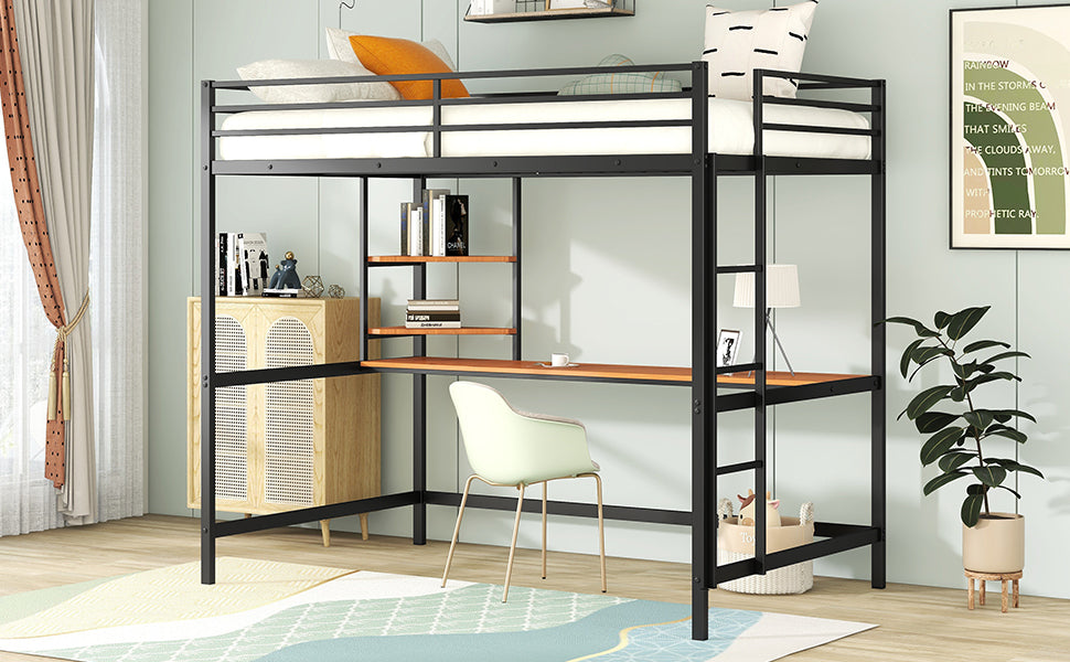 Full Metal Loft Bed with Desk and Shelve, Black