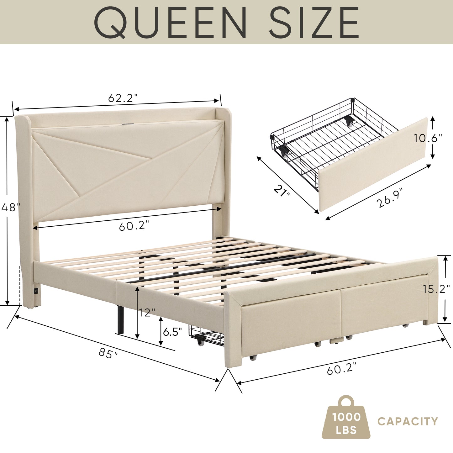 Queen Size Bed Frame with 2 Storage Drawers, Upholstered Bed Frame with Wingback Headboard Storage Shelf Built-in  USB Charging Stations and Strong Wood Slats Support, No Box Spring Needed, Beige