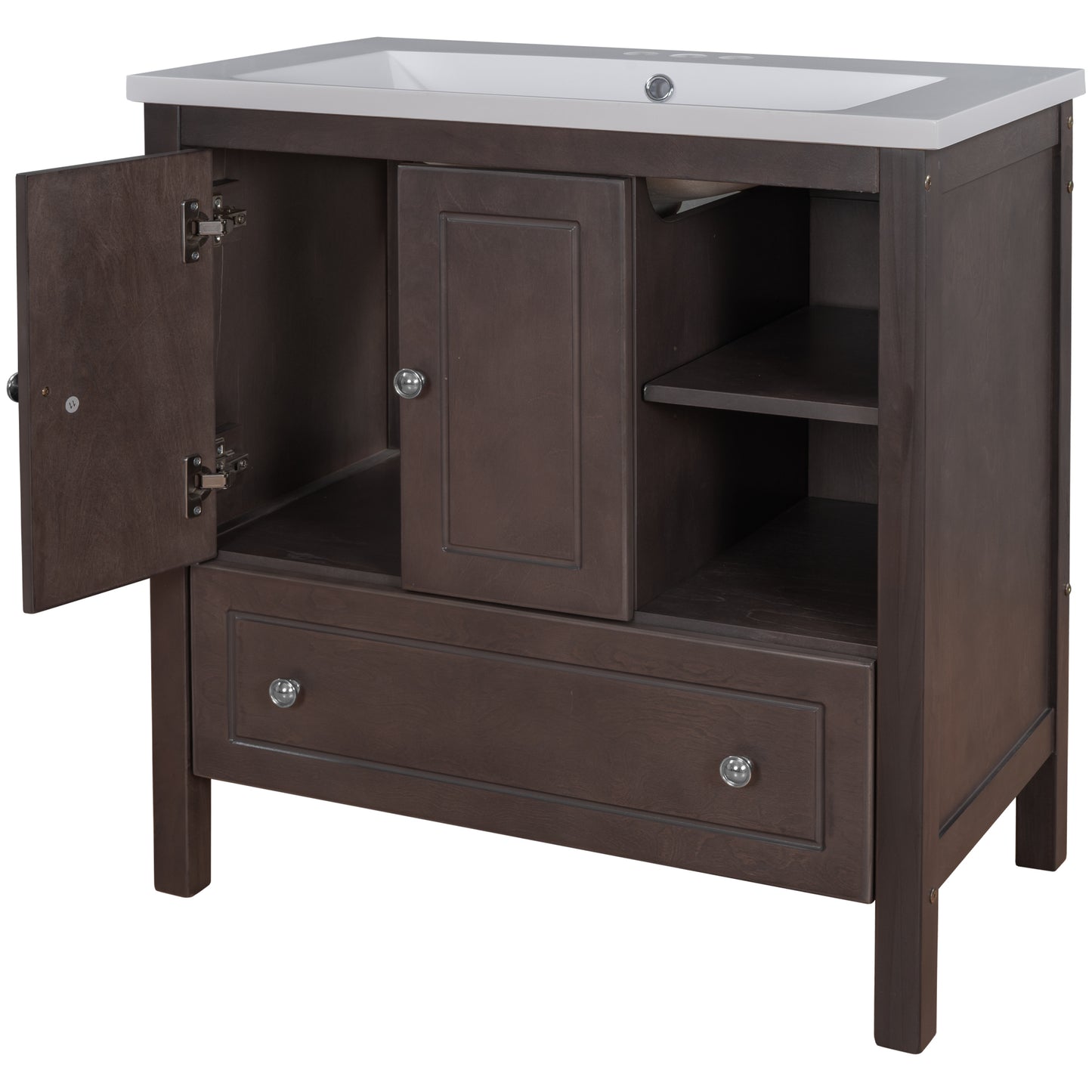 30" Bathroom Vanity with Sink, Bathroom Storage Cabinet with Doors and Drawers, Solid Wood Frame, Ceramic Sink, Brown