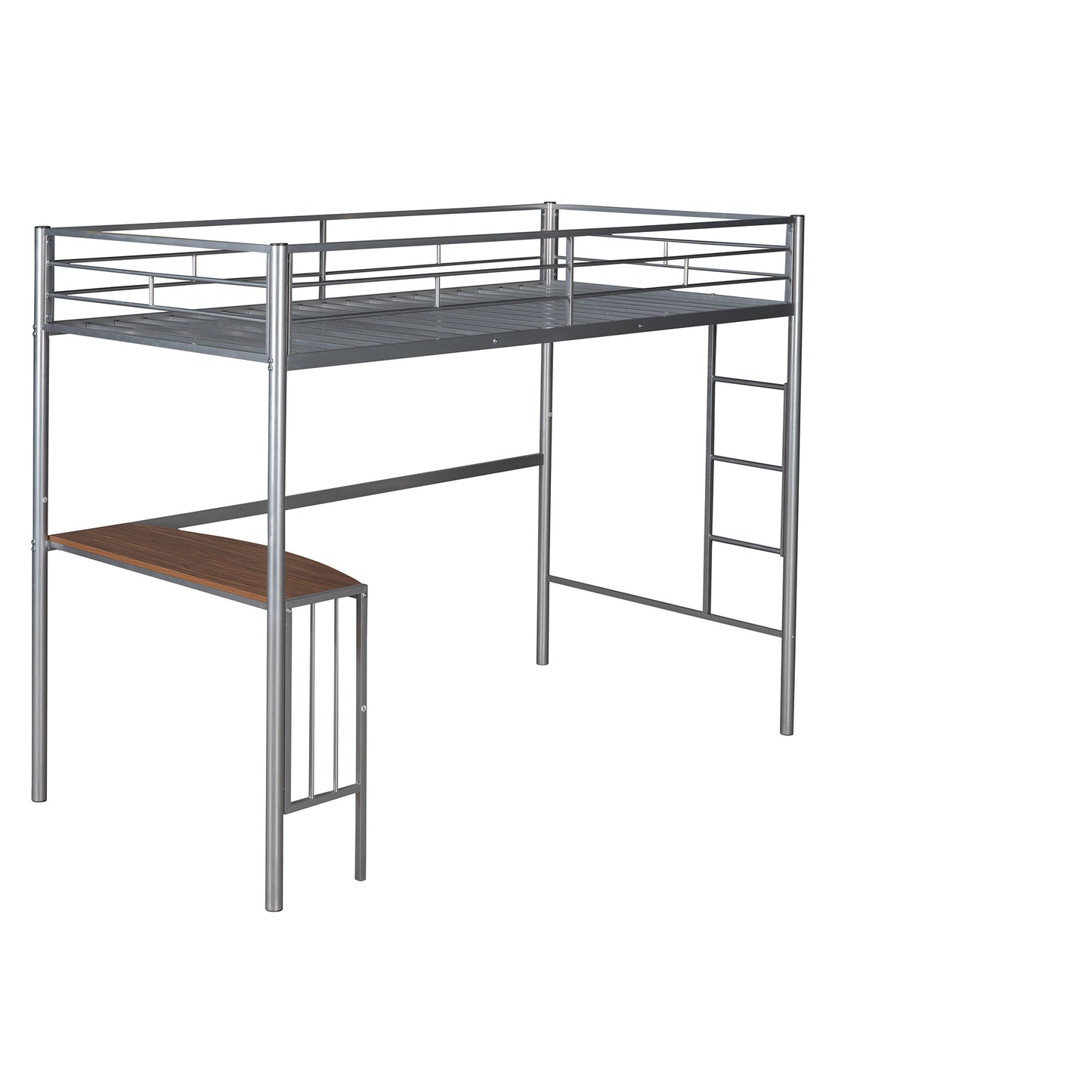 Silver Metal Twin Over Full Loft Bed with Integrated Desk and Ladder