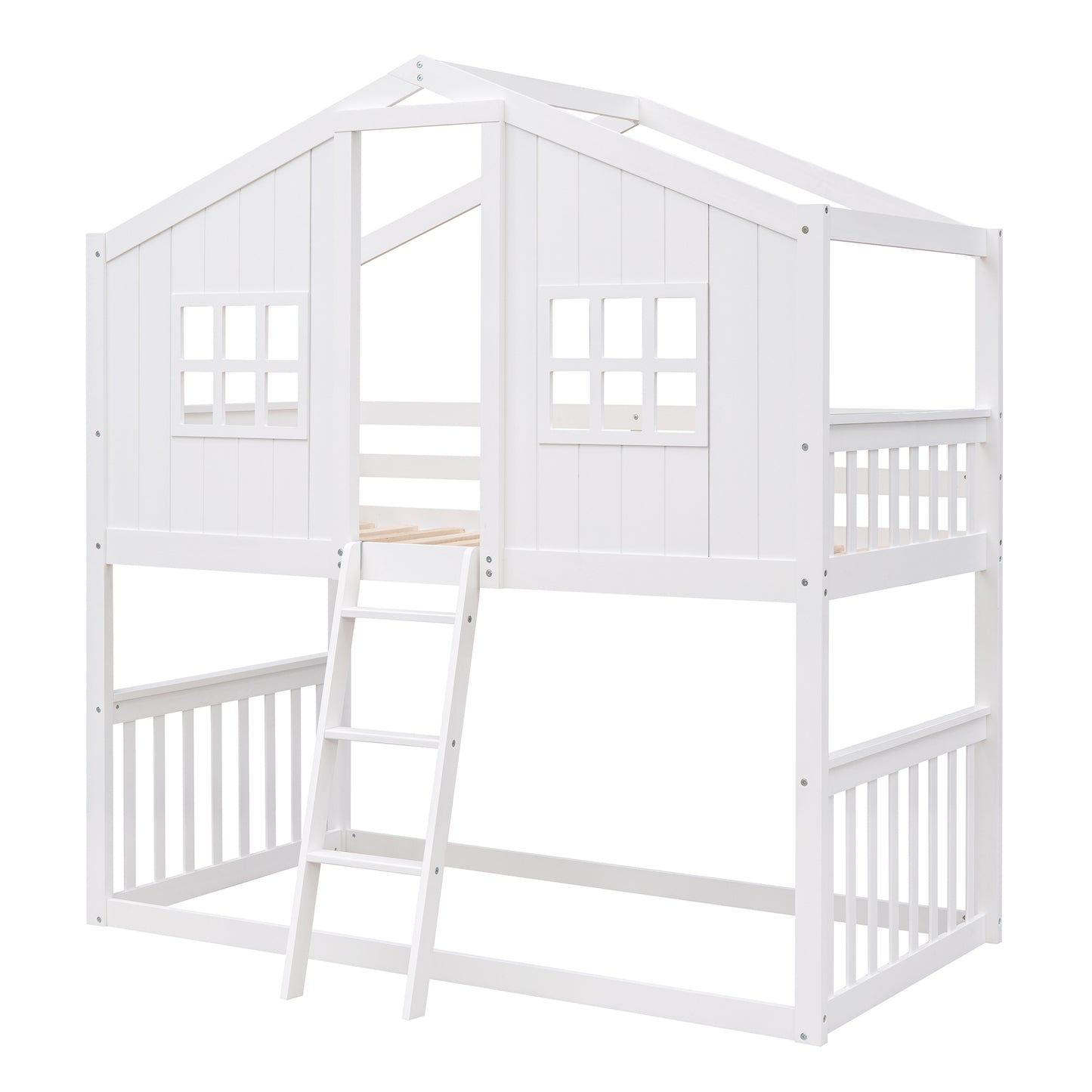 White Wood House Bunk Bed with Skylight - Twin Over Twin