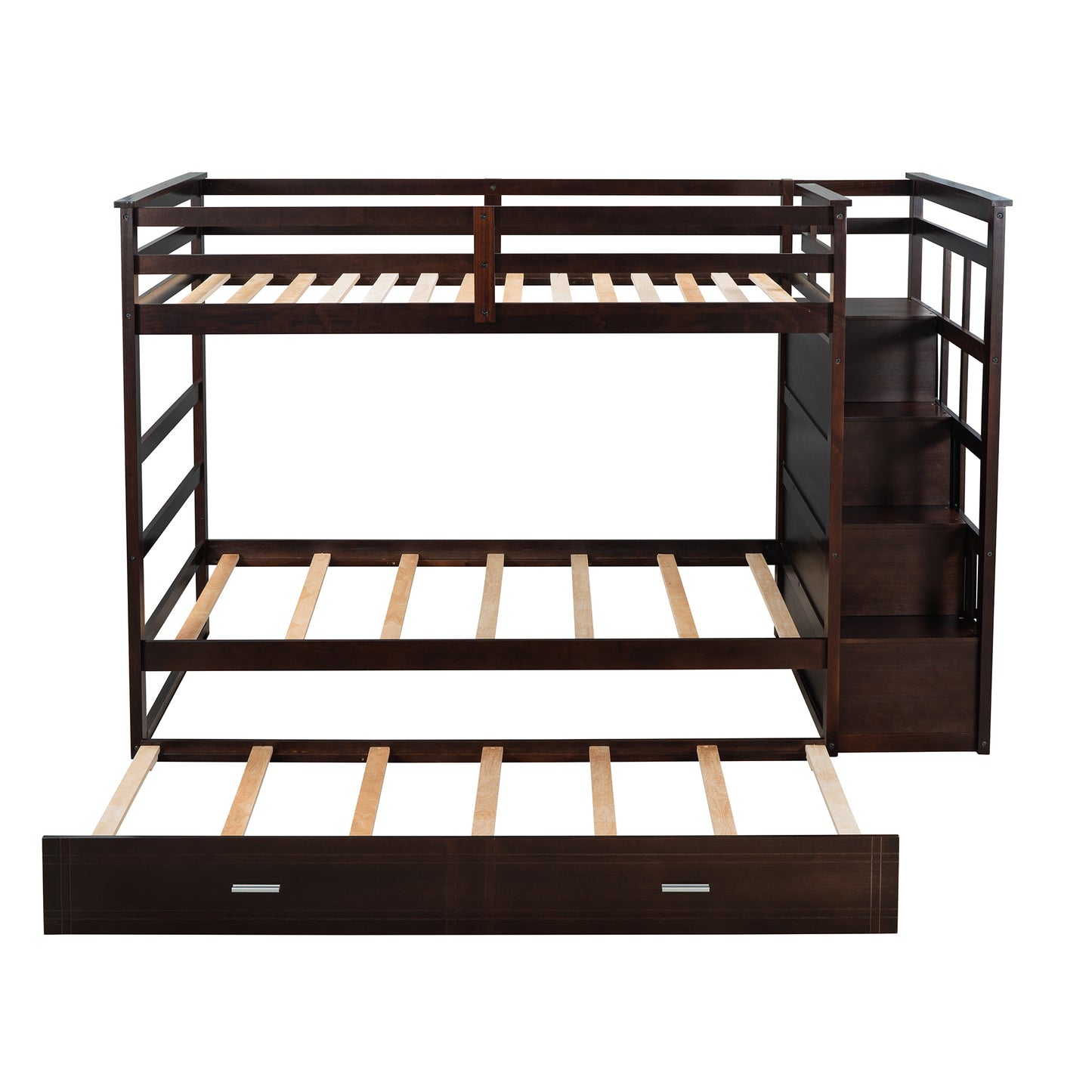 Stylish Espresso Wooden Twin Bunk Bed with Trundle and Staircase