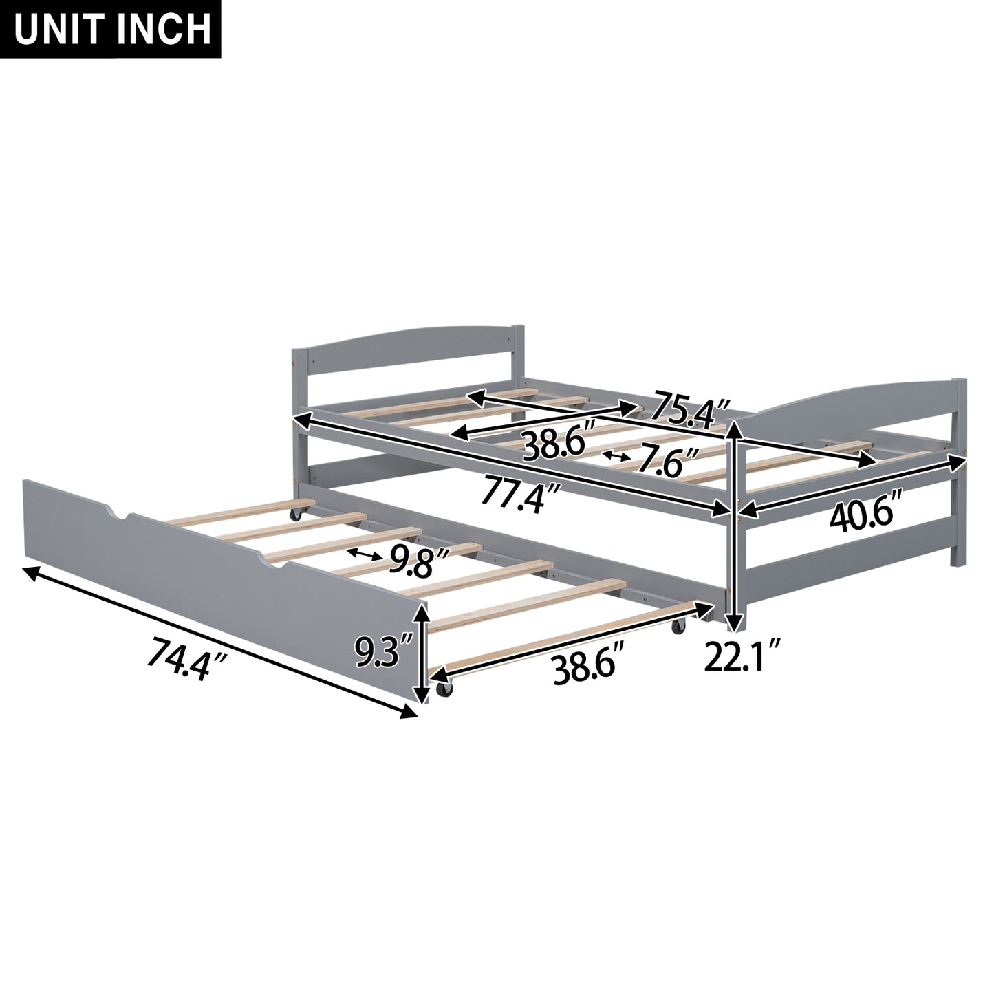 Twin Size Platform Bed with Twin Size Trundle, Gray(Expected Arrival Time: 1.7)