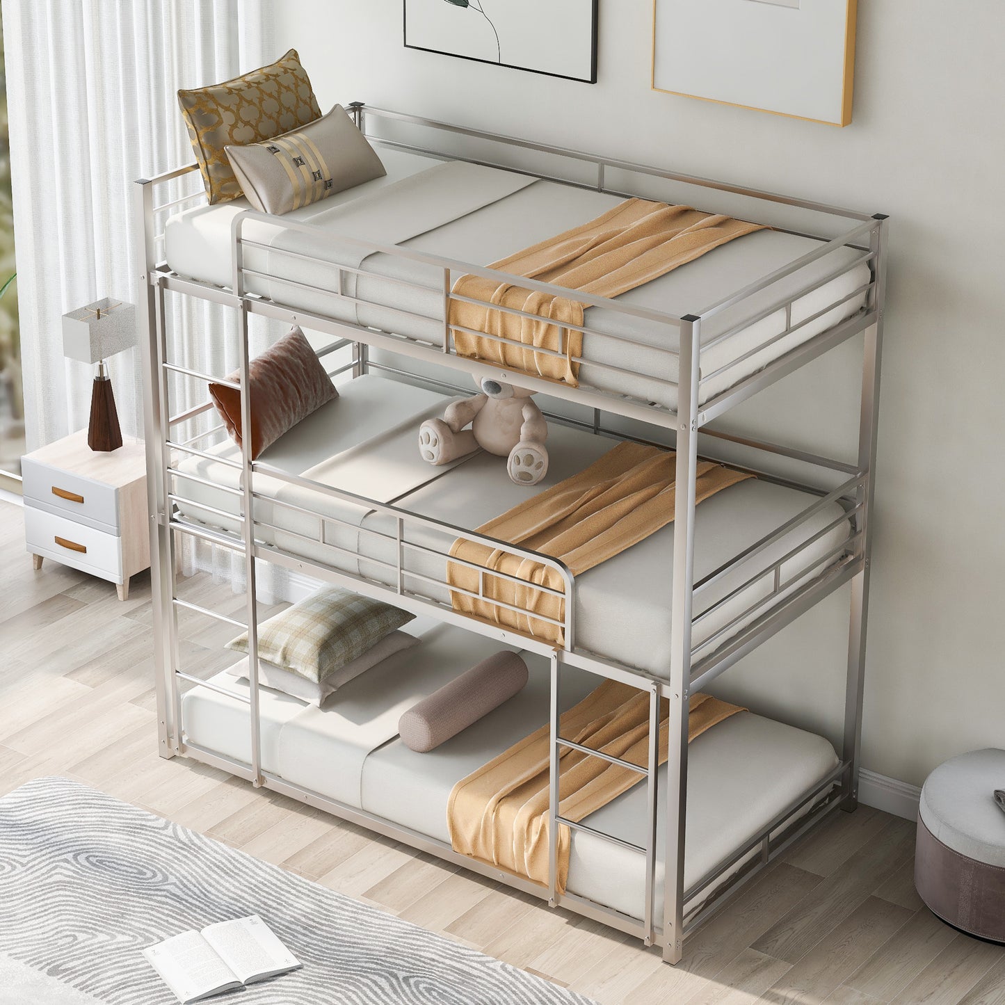 Silver Metal Three-Tiered Twin Bunk Bed