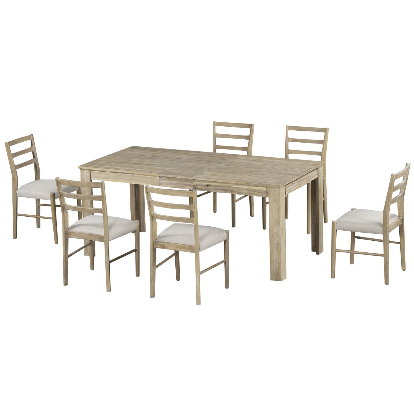 TREXM 7-Piece Wooden Dining Table Set Mutifunctional Extendable Table with 12" Leaf and 2 Drawers, 6 Dining Chairs with Soft Cushion (Natural Wood Wash)