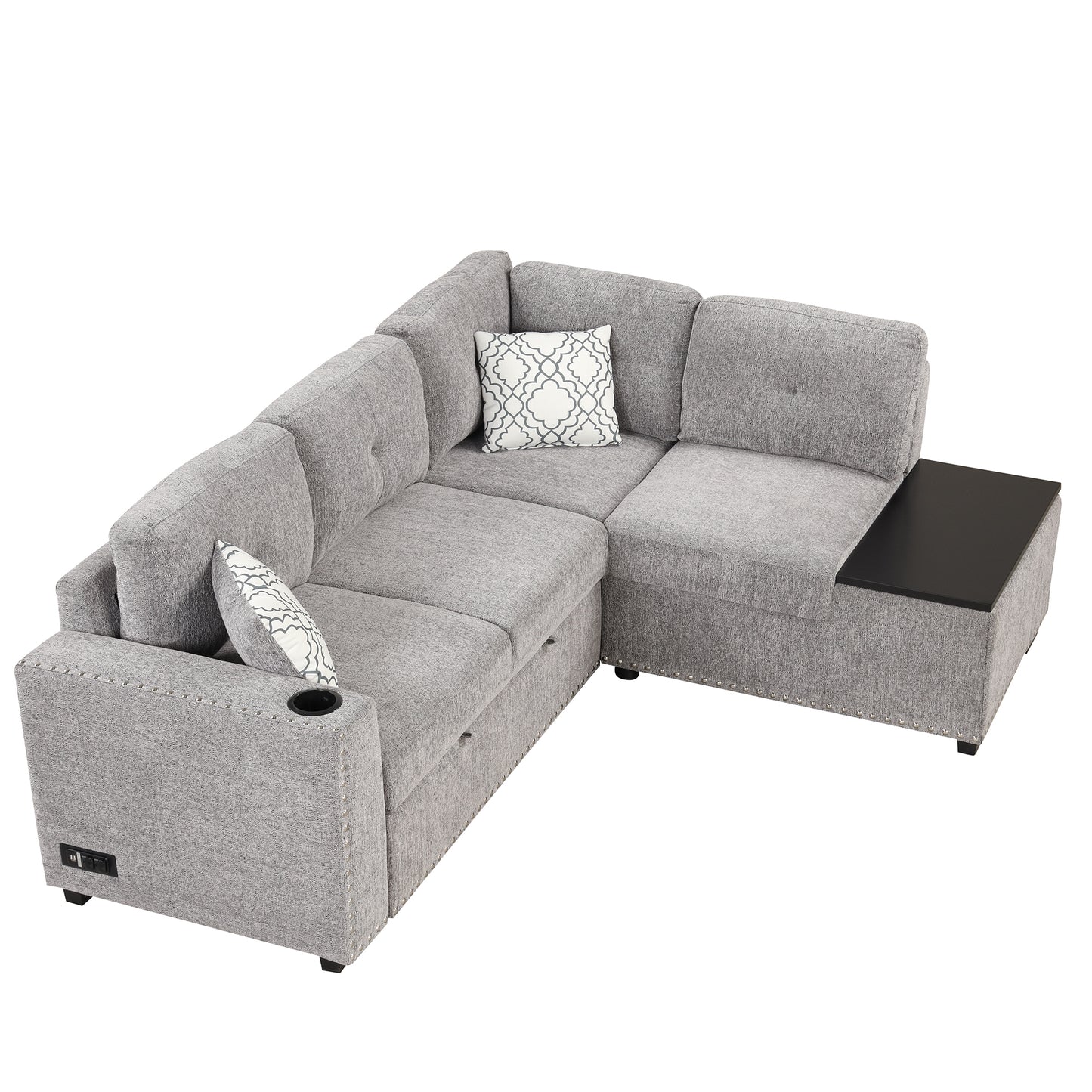 Convertible L-Shaped Sectional Sleeper Sofa with Storage Chaise and Charging Ports in Light Gray