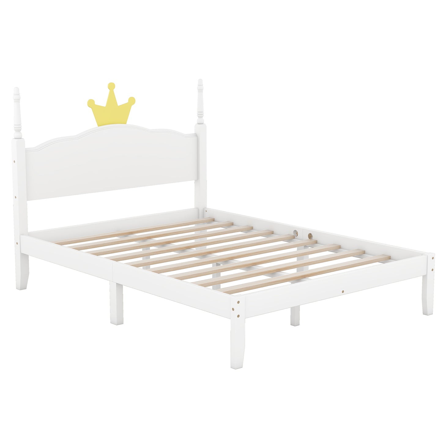 Full Size Wood Platform Bed with Crown Shaped Headboard, White