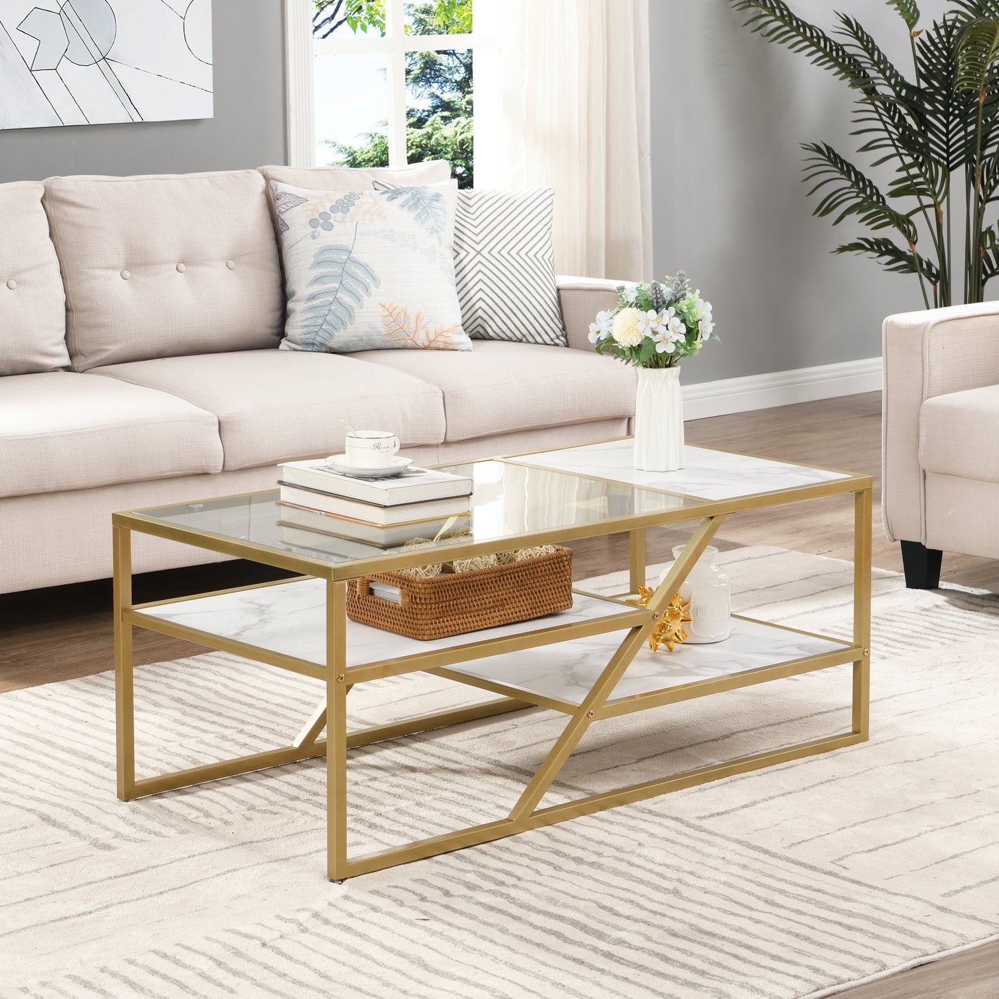 Golden Glass and Metal Coffee Table with Storage Shelf for Living Room or Bedroom