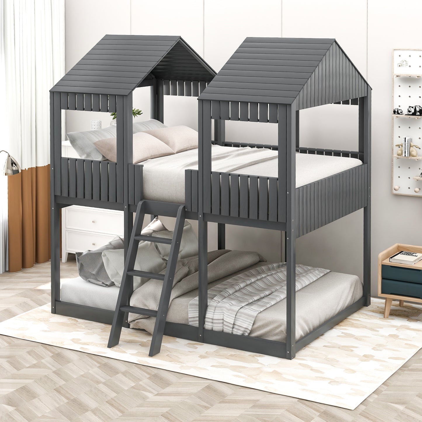 Wooden Playhouse-Styled Full Over Full Bunk Bed with Gray Roof and Window