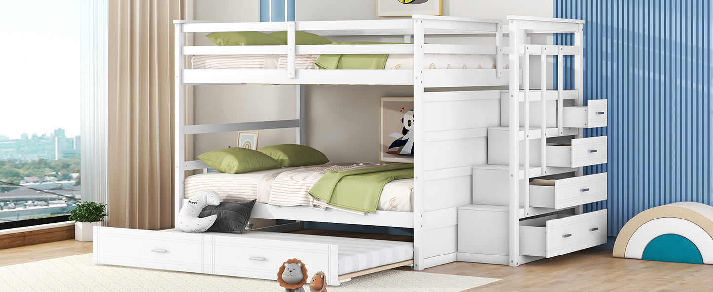 White Full-Over-Full Bunk Bed with Staircase and Trundle