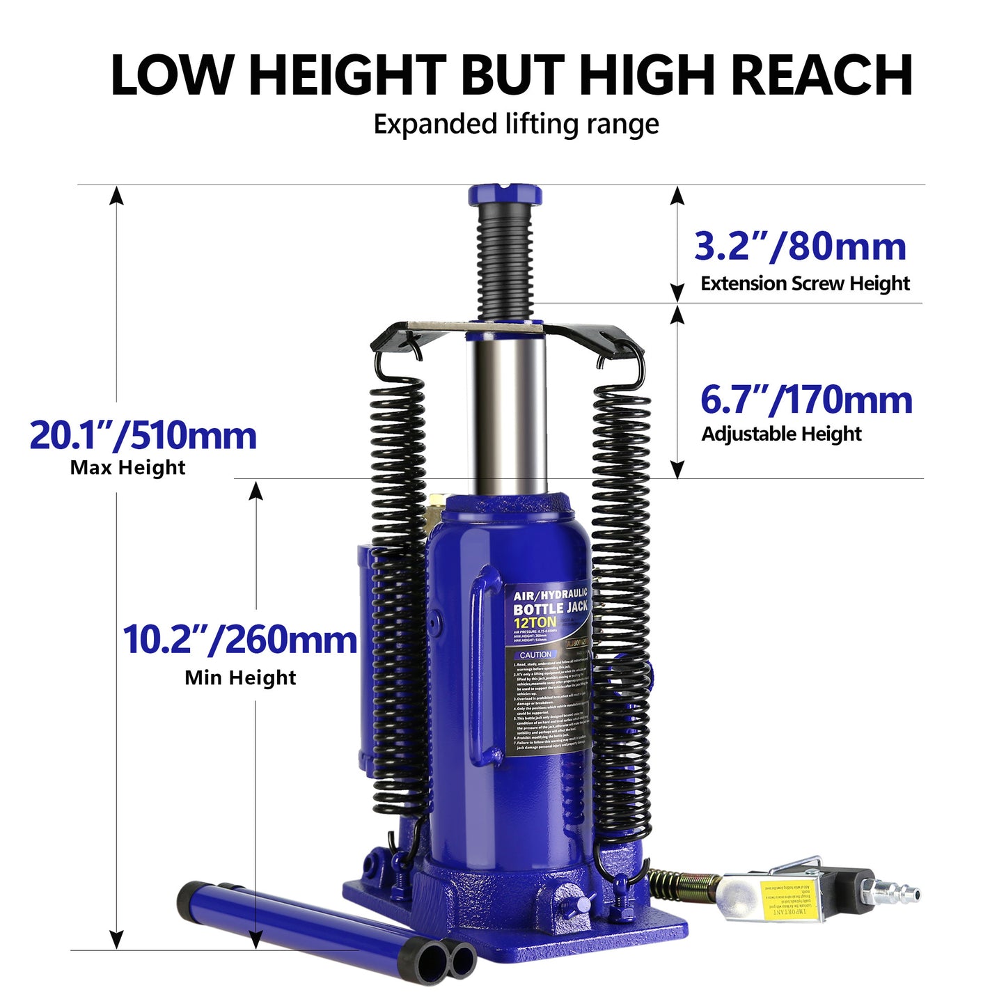 Pneumatic 12 Ton Air Hydraulic Bottle Jack with Manual Hand Pump