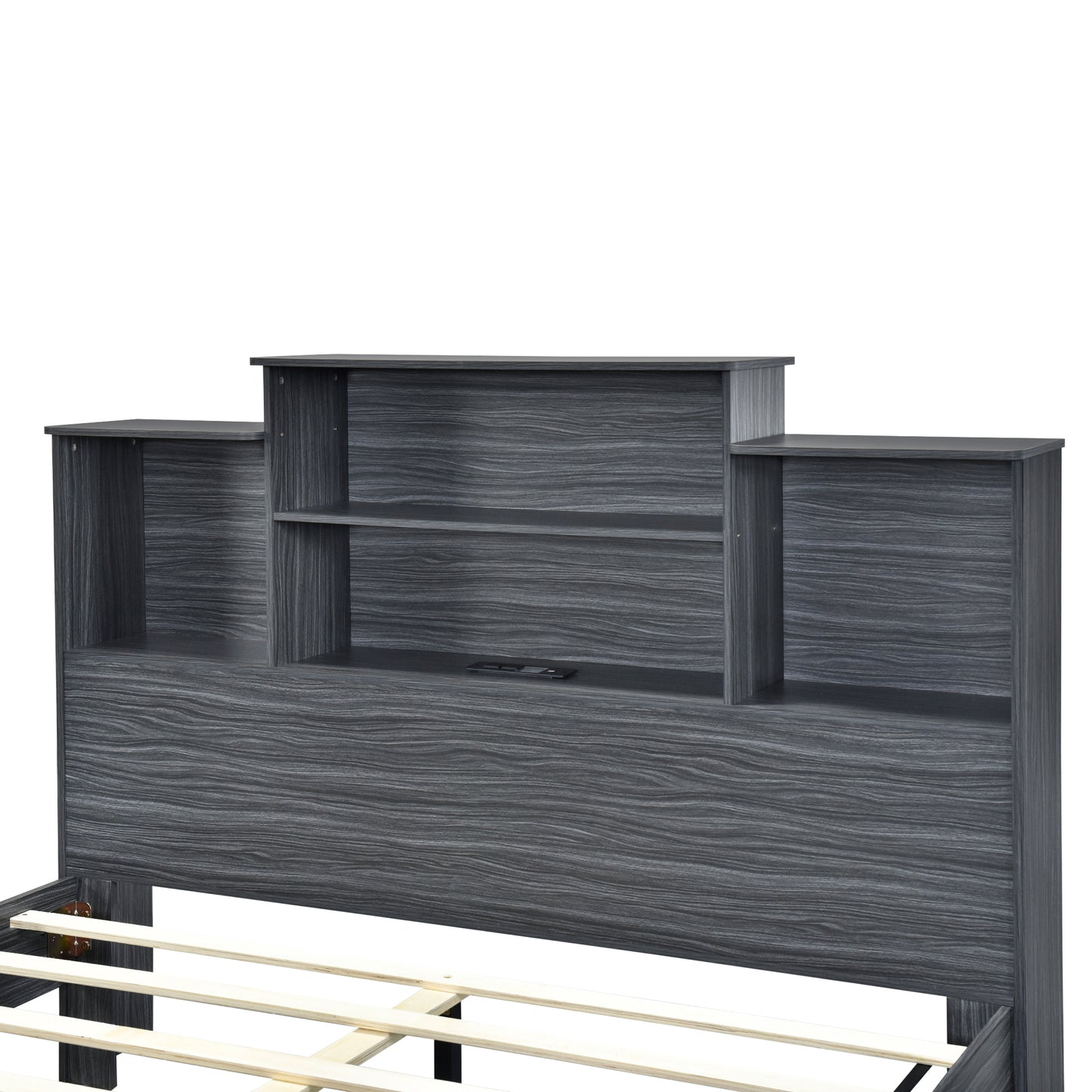 Queen Size Storage Platform Bed Frame with 4 Open Storage Shelves and USB Charging Design,Gray