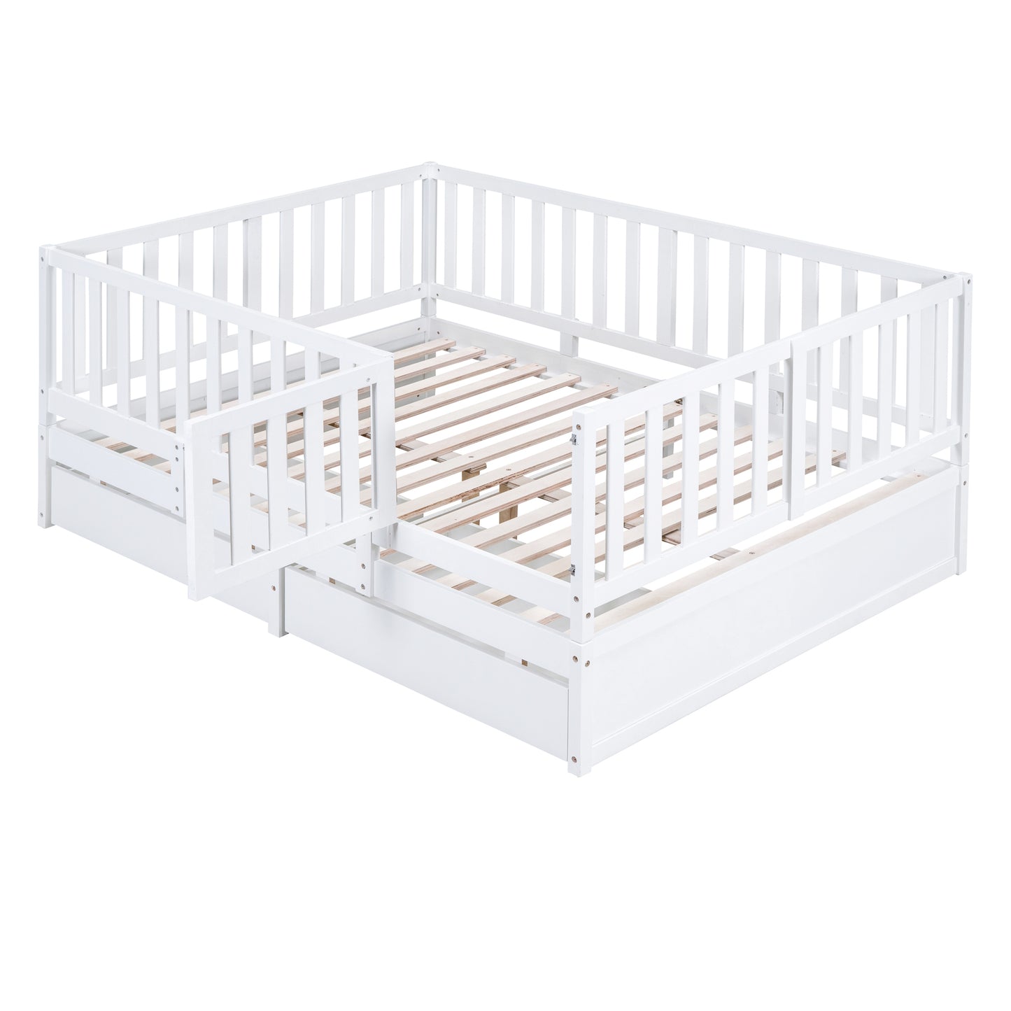 Full Size Wood Daybed with Fence Guardrails and 2 Drawers, Split into Independent Floor Bed & Daybed, White