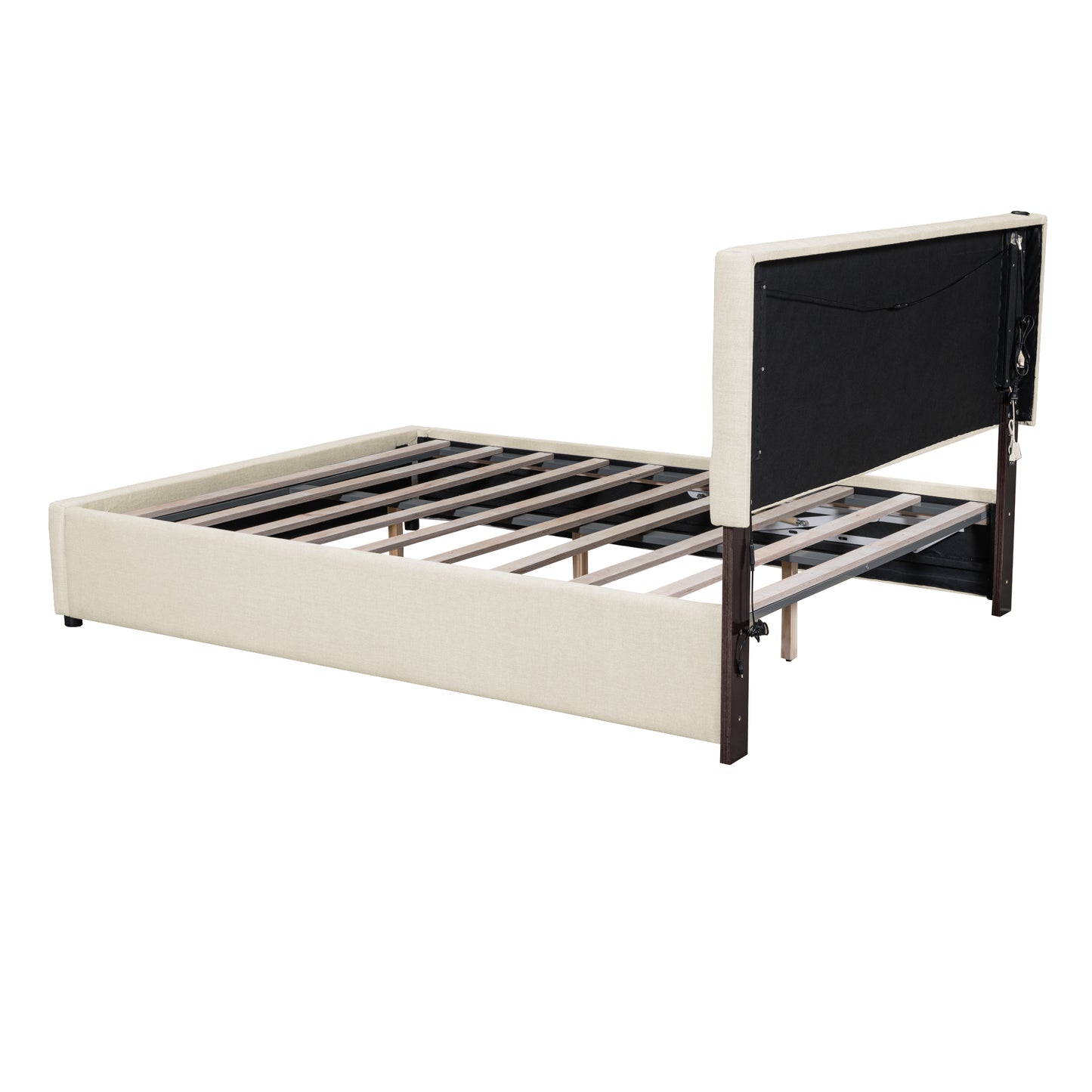 Queen Size Upholstered Bed with Hydraulic Storage System and LED Light, Beige