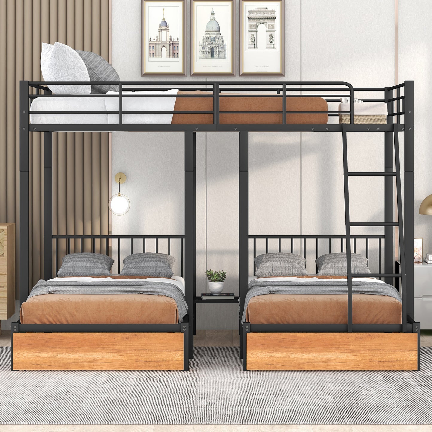 Black Metal Triple Bunk Bed with Storage and Safety Features - Space-Saving Full over Twin & Twin Bunk Bed