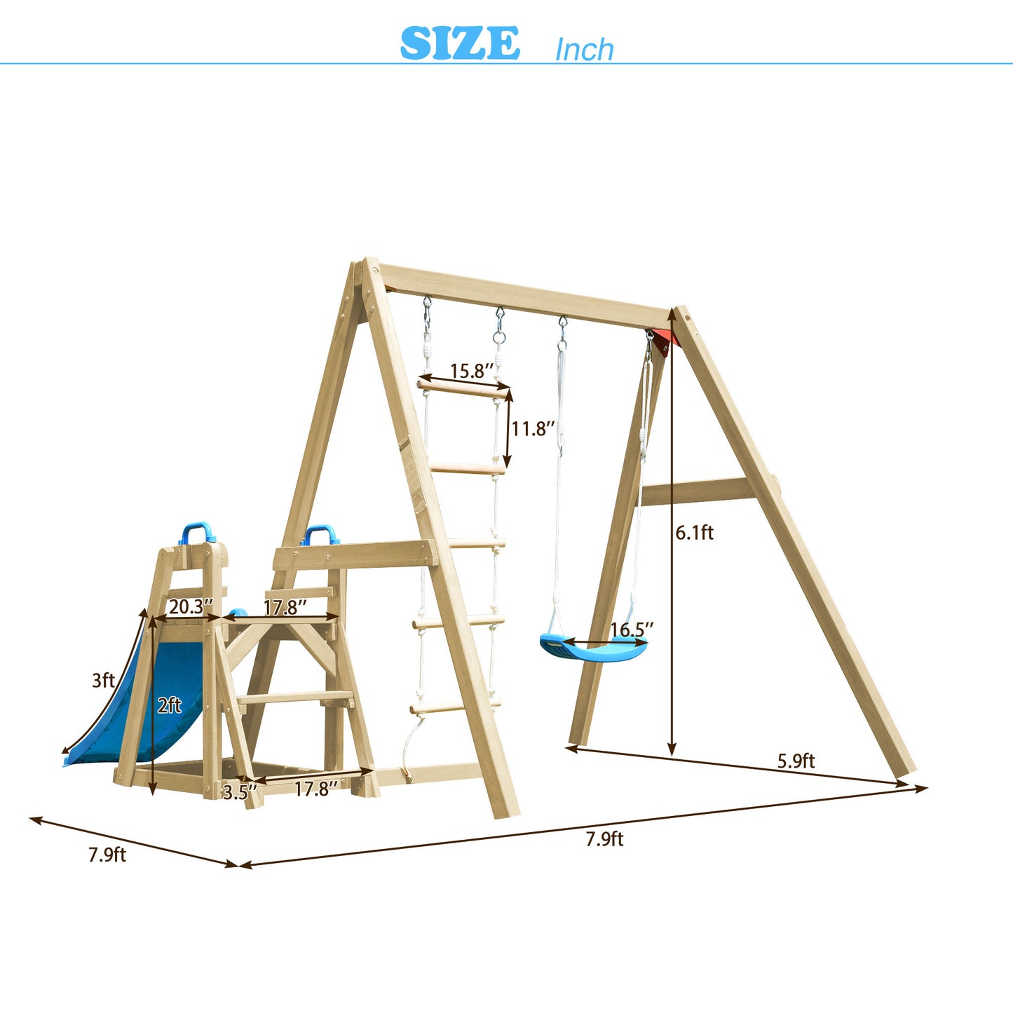 Wooden Swing Set with Slide and Climbing Rope Ladder for Toddler and Kids