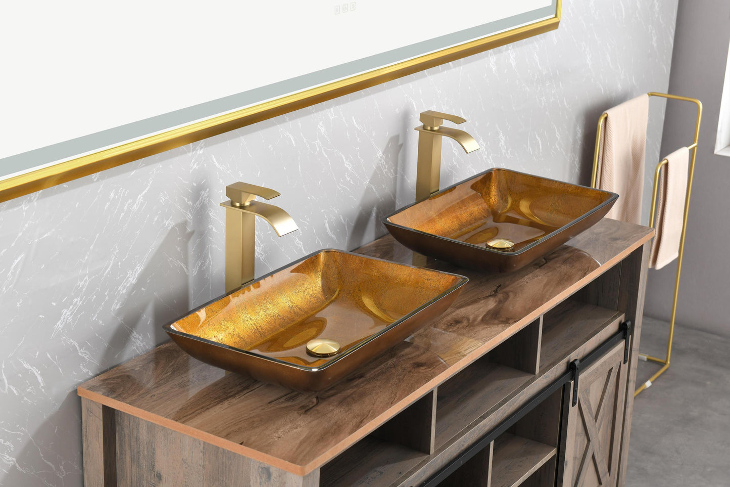 Gold Glass Rectangular Vessel Bathroom Sink Set with Faucet and Pop-Up Drain