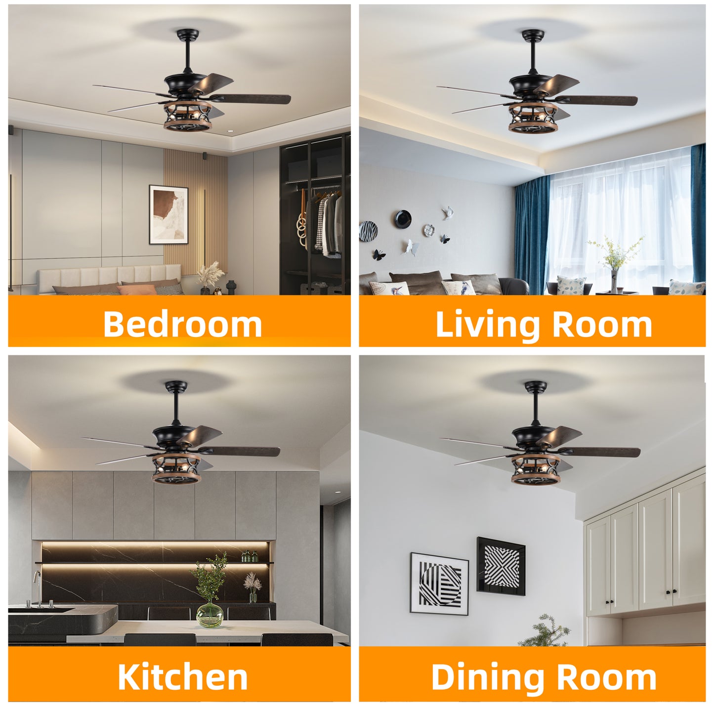 Farmhouse Ceiling Fan with Reversible Airflow, Remote Control, and Caged Light Fixture