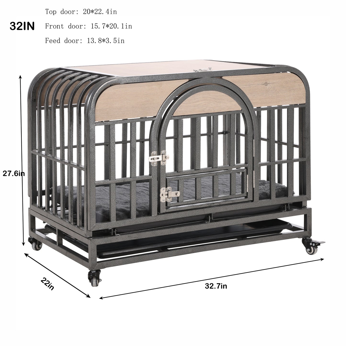 32in Heavy Duty Dog Crate, Furniture Style Dog Crate with Removable Trays and Wheels for High Anxiety Dogs