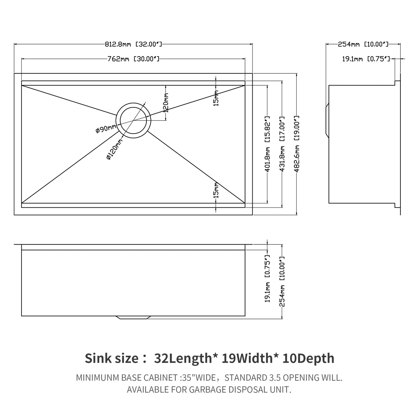 Deep Stainless Steel Kitchen Sink with Workstation - 32x19x10 Single Bowl Undermount