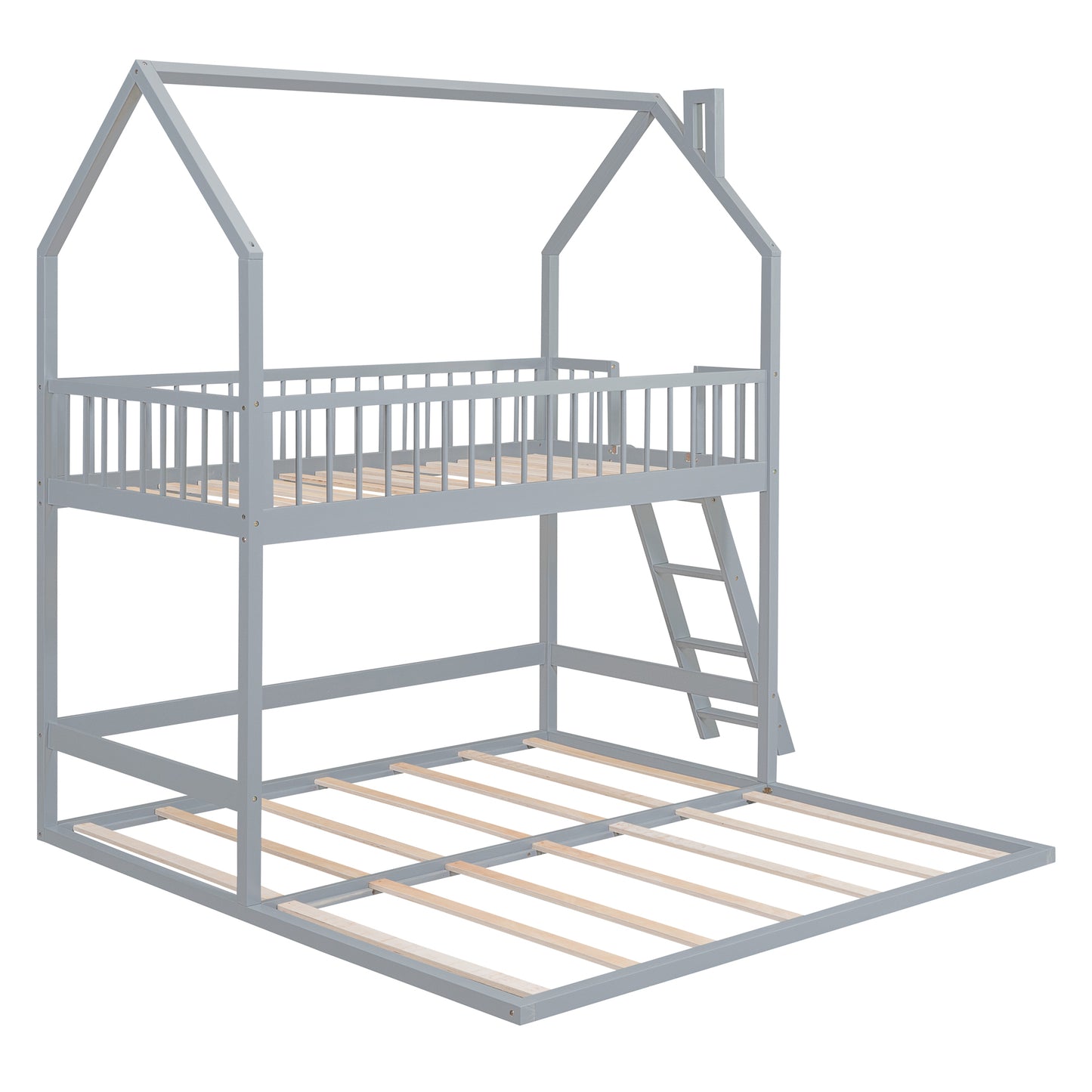 House-Shaped Twin Bunk Bed with Trundle, Ladder, and Artistic Design