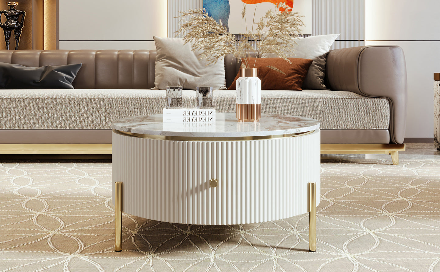 Sleek Round Coffee Table with Two Large Drawers Storage Accent Table (31.5'')