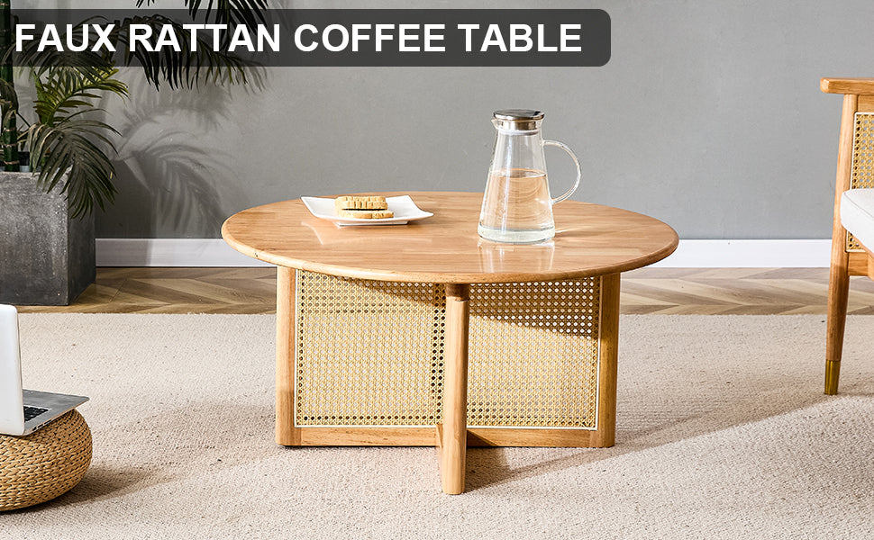 Wooden Coffee Table with Faux Rattan Accents for Stylish Living Spaces