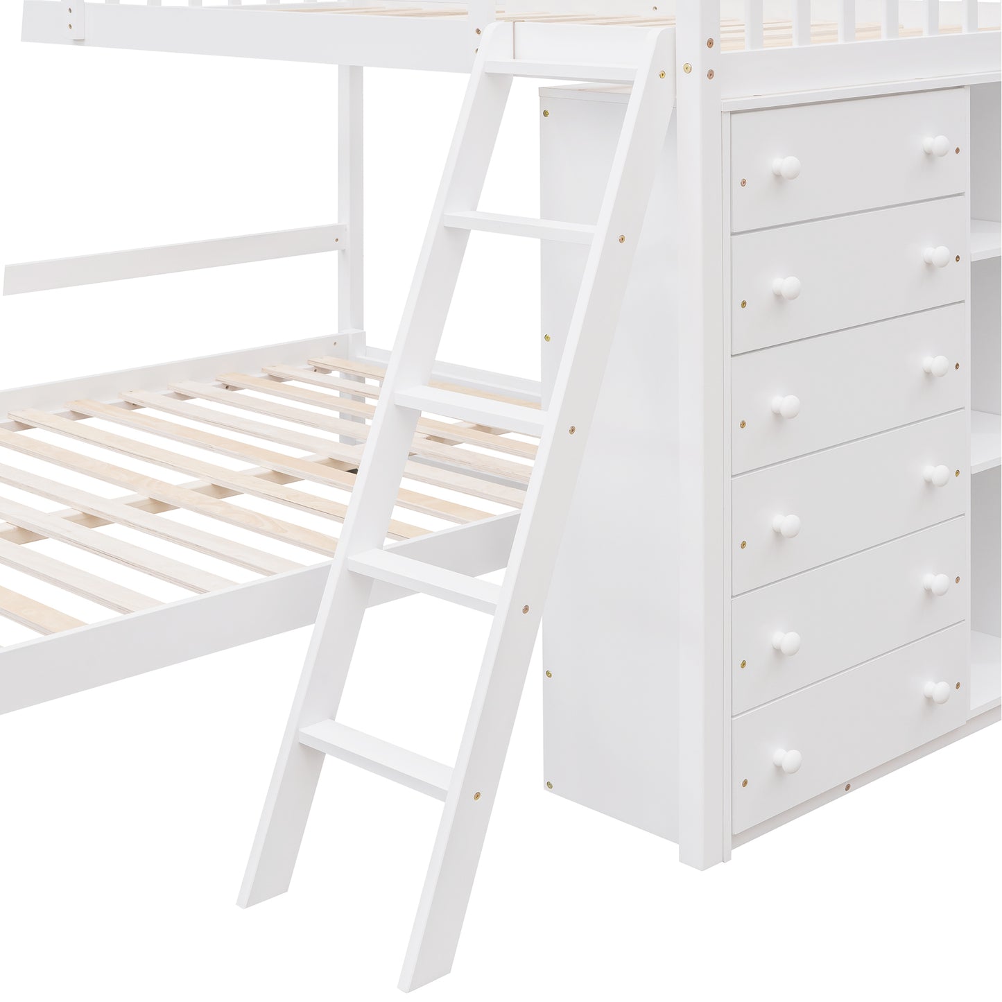 White Wooden Bunk Bed with Storage Drawers and Flexible Shelves, Twin Over Full Size Bed on Wheels