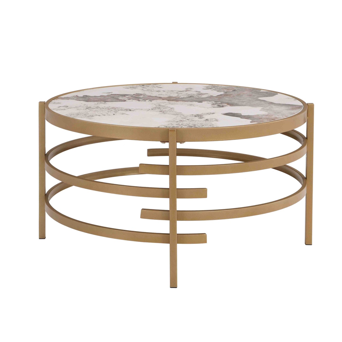 Sleek 32.48'' Round Coffee Table With Sintered Stone Top, Durable Metal Frame - Elegant Living Room Centerpiece, Golden