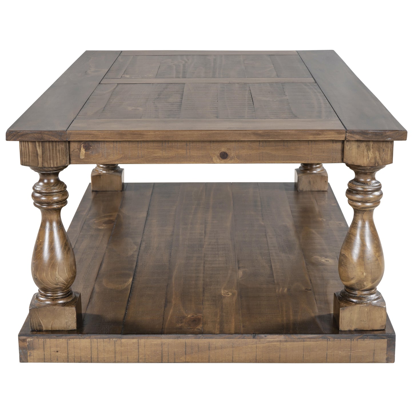 Rustic Pine Wood Coffee Table with Lower Storage Shelf and Carved Pillar Details