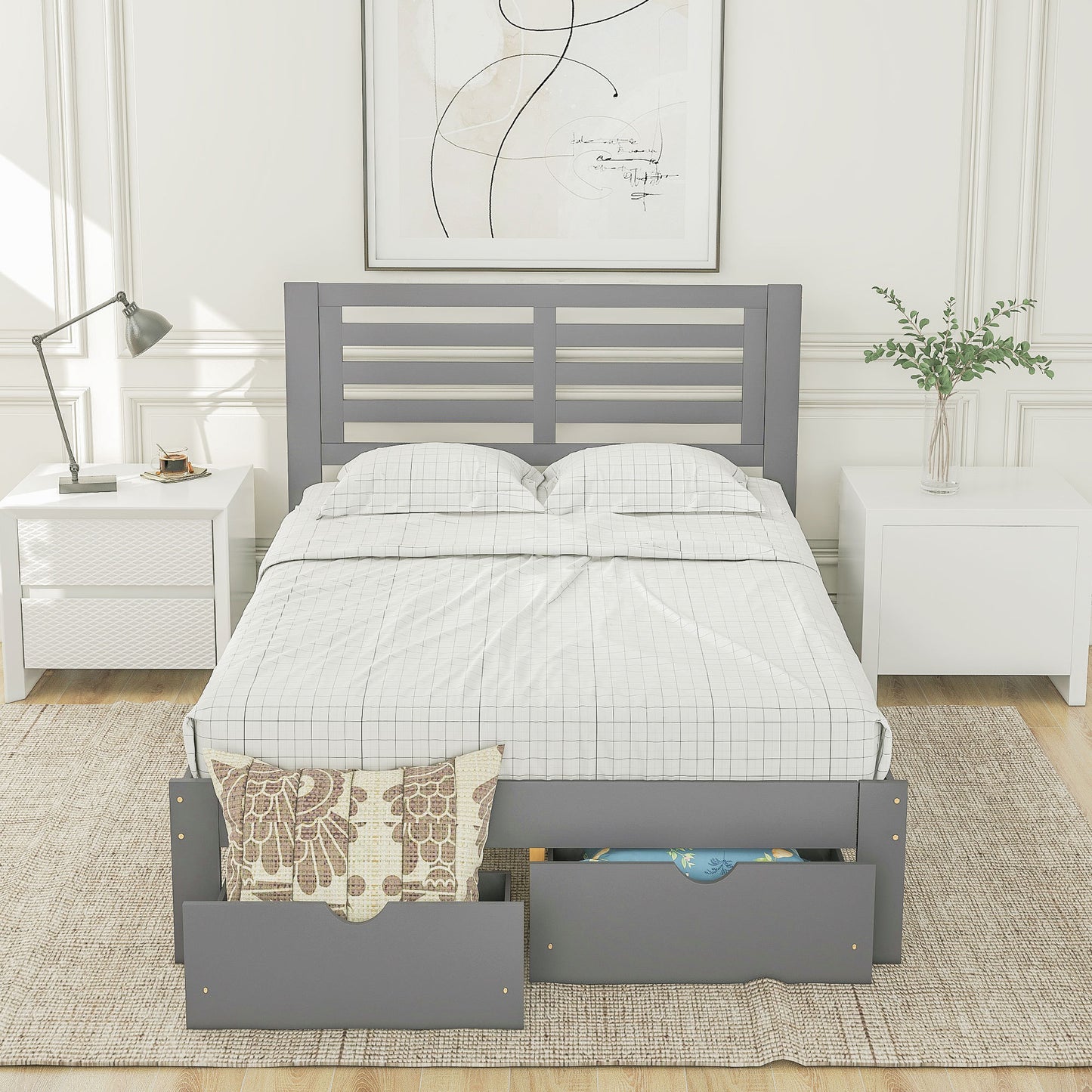 Full Size Platform Bed with Drawers, Gray