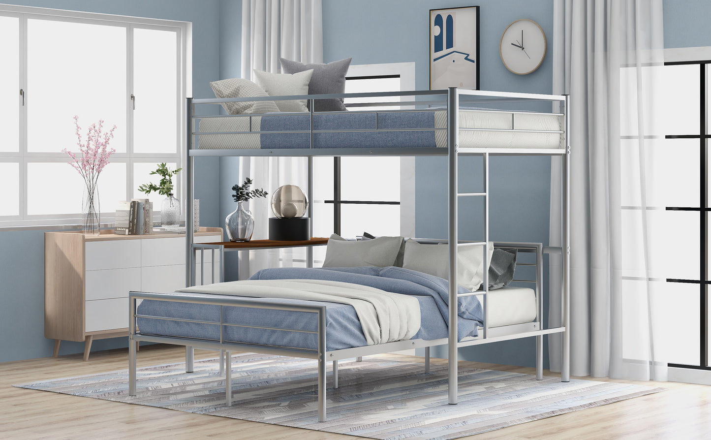 Silver Metal Twin Over Full Loft Bed with Integrated Desk and Ladder