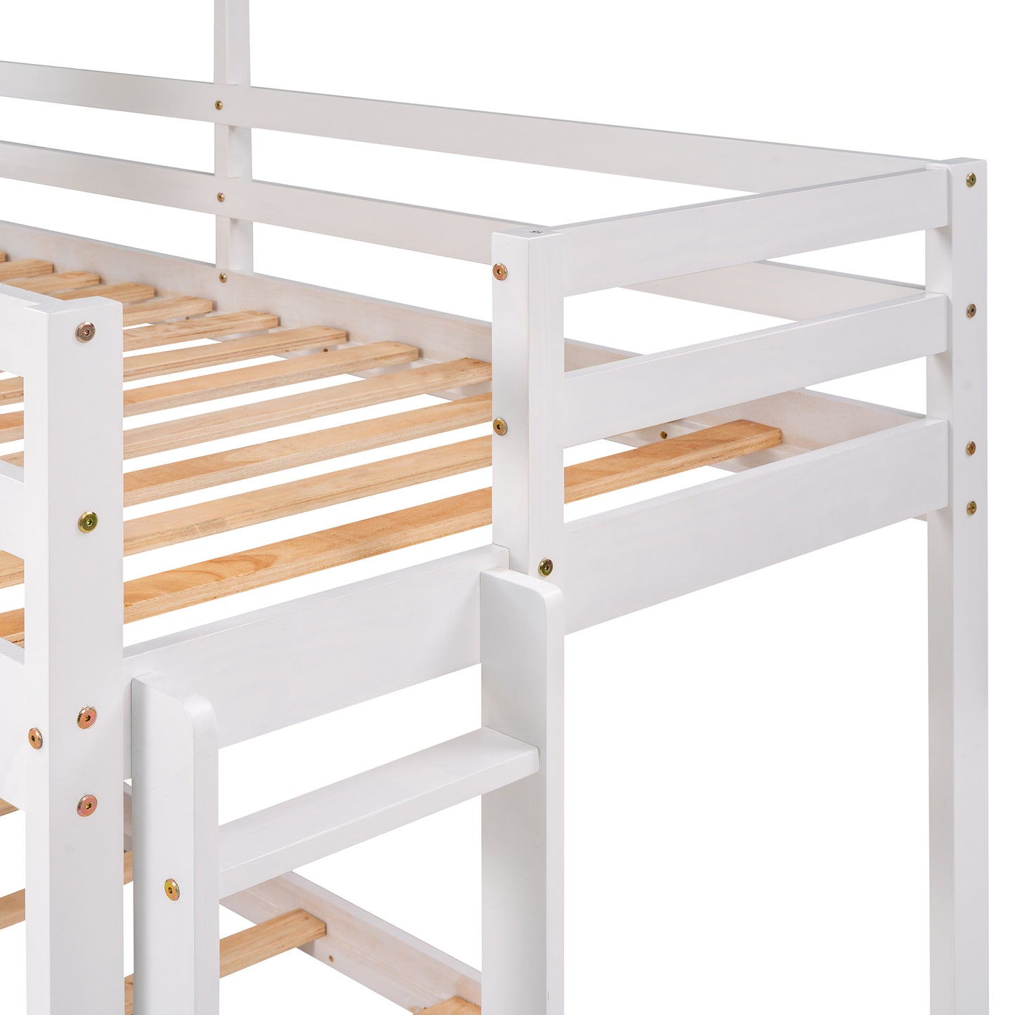 White Wooden Playhouse Bunk Bed with Roof and Guardrail