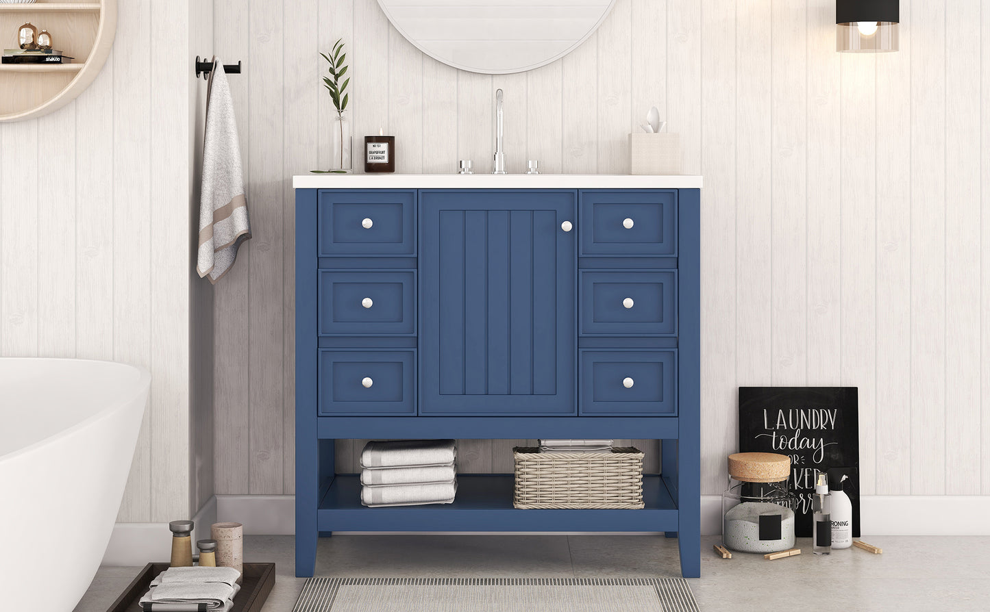 36" Bathroom Vanity with Sink Combo, One Cabinet and Three Drawers, Solid Wood and MDF Board, Blue