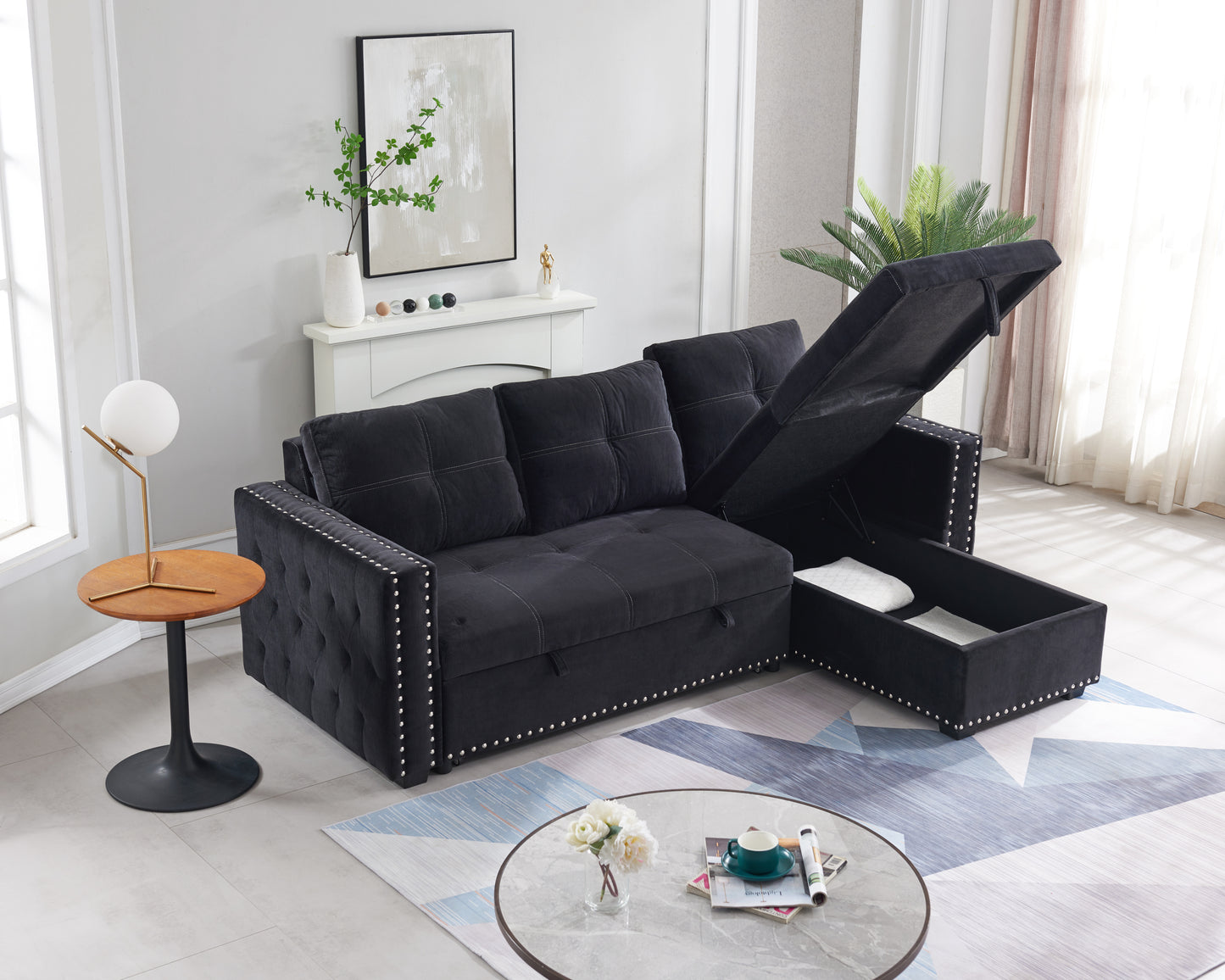 Elegant Black Sectional Sofa with Pull-Out Bed and Reversible Chaise