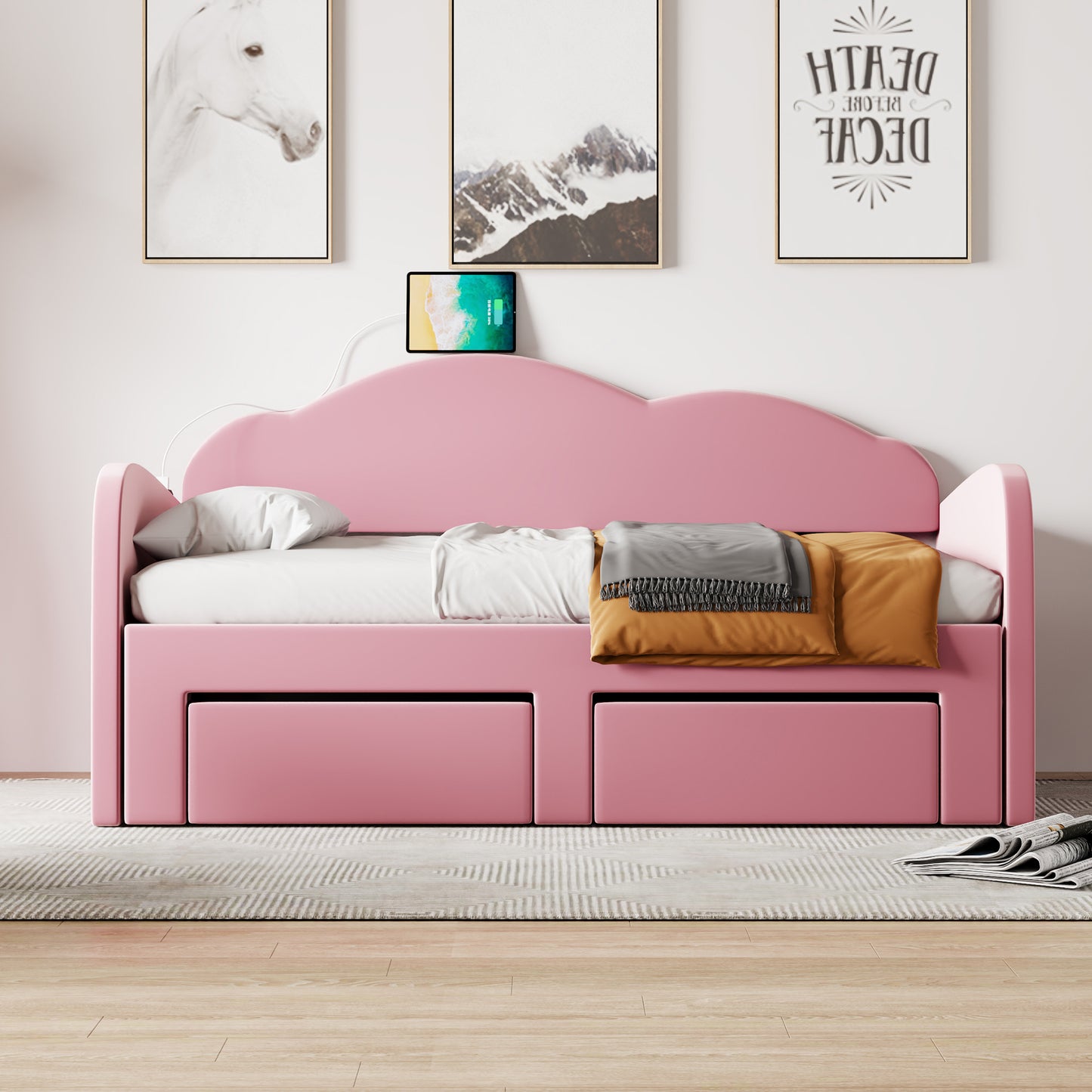 Twin Size Upholstered daybed with Cloud-Shaped Backrest, Trundle & 2 Drawers and USB Ports, Pink