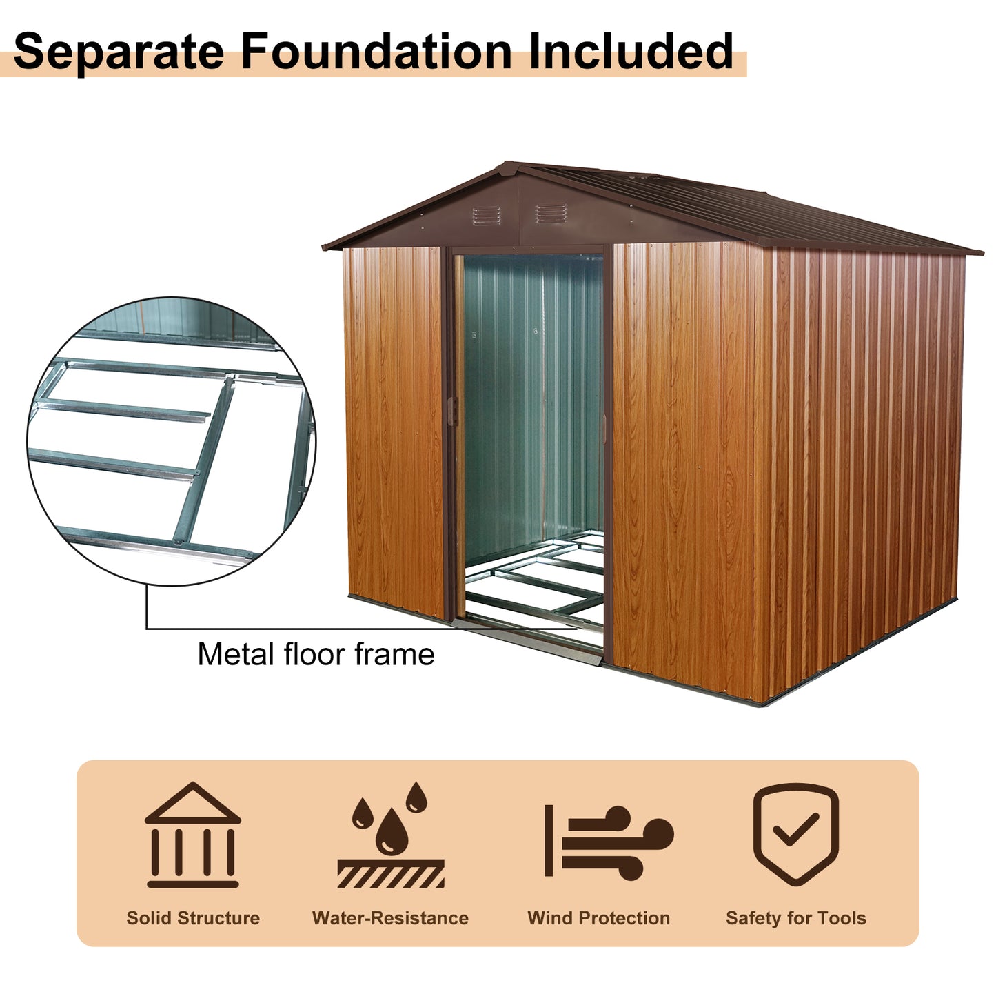 6ft x 8ft Outdoor Metal Storage Shed with Metal Floor Base