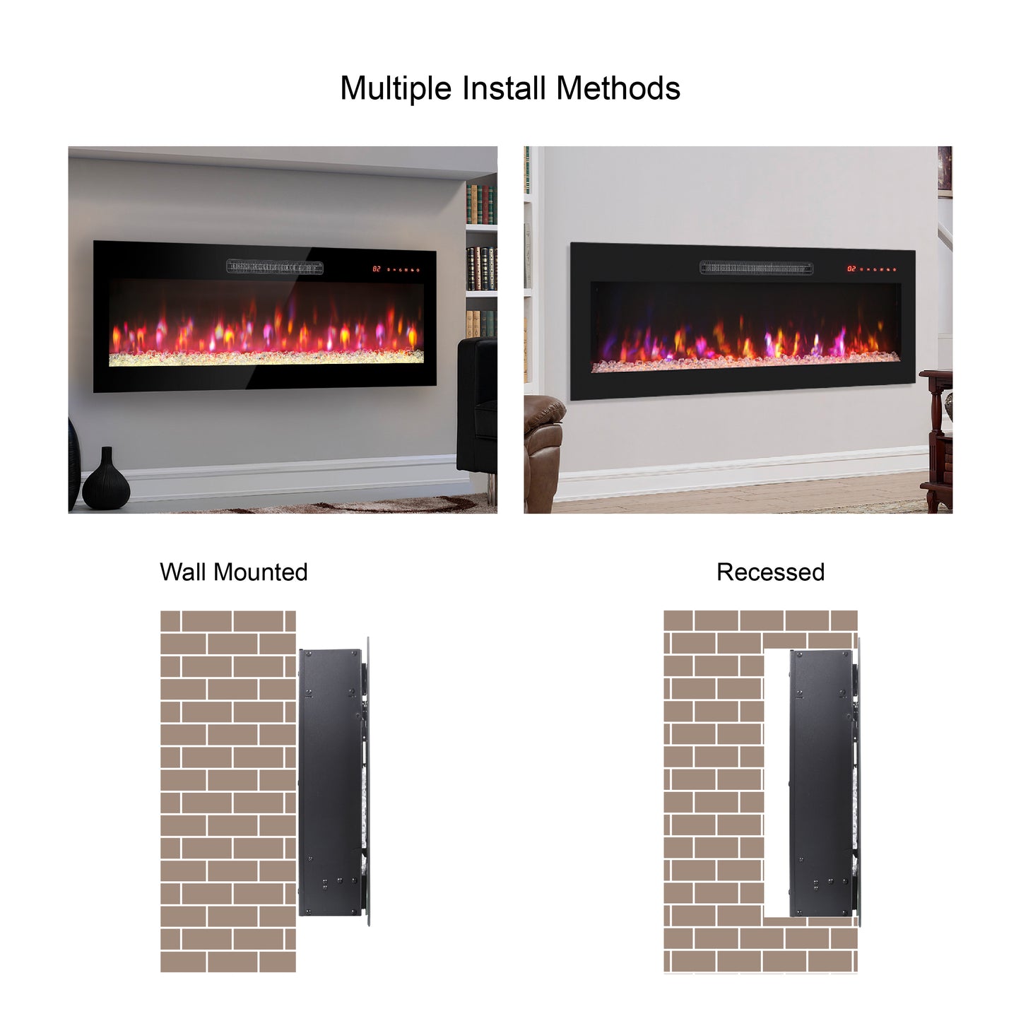 42-Inch Recessed Ultra Thin Tempered Glass Electric Fireplace with Remote and Multi-Color Flame & Ember Bed